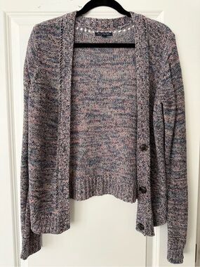 American Eagle Slouchy Marled Knit V Neck Button Up Grandpa Cardigan Sweater
